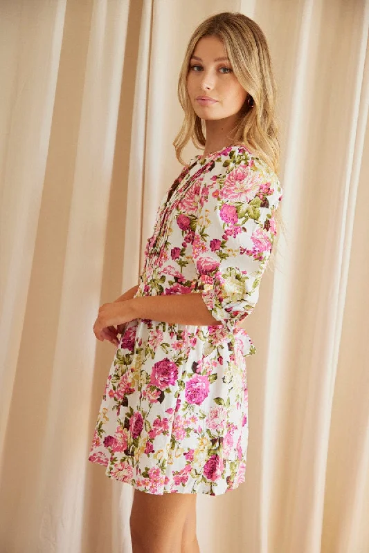 Multi Floral Button Dress Puff Sleeve Rose Floral