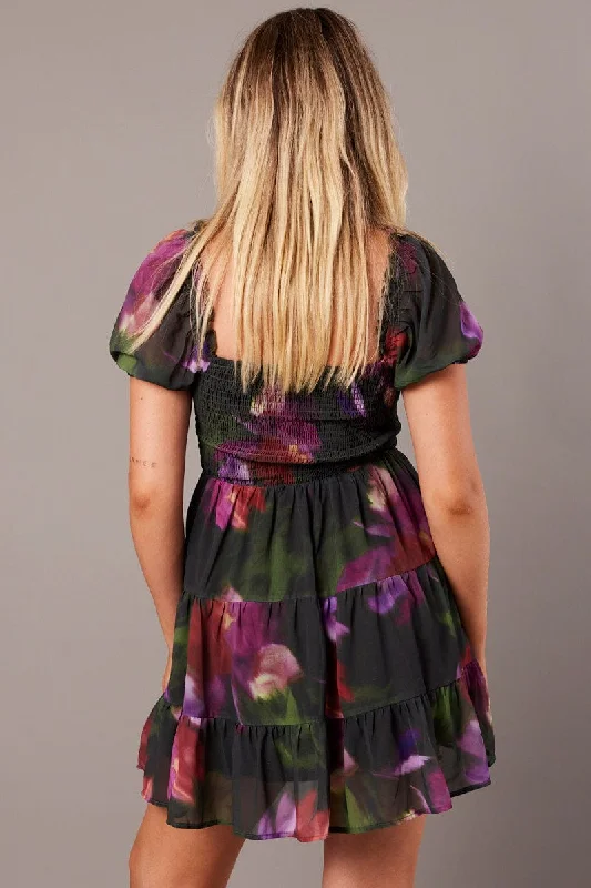 Multi Floral Fit And Flare Dress Puff Sleeve