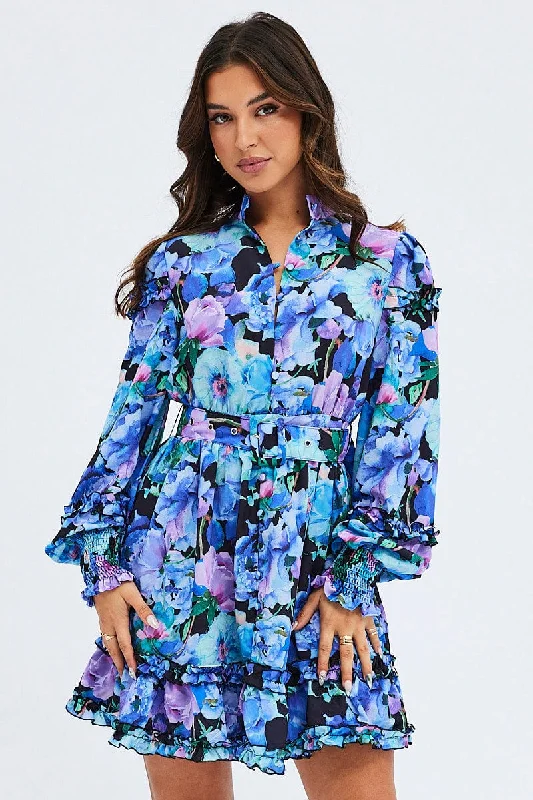 Multi Floral Ruffle Balloon Sleeve Button Skater Dress