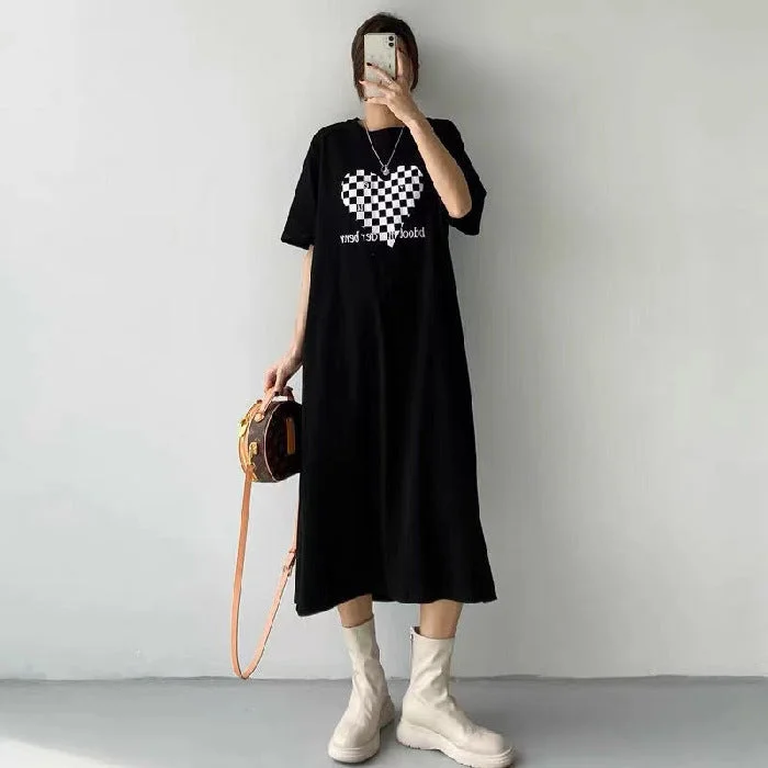 NiDELL Black and White Plaid Cartoon Print Long below the Knee T-shirt Skirt Women's Summer Korean Style Large Size Short Sleeve Dress Loose Large Size