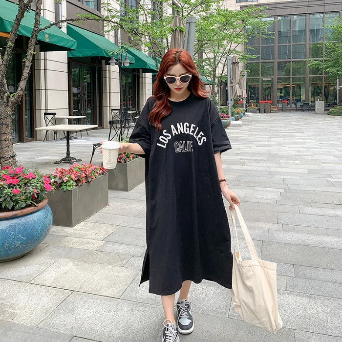 NiDELL Casual Short-Sleeved Slimming Dress for Women Summer . New Elegant Mid-Length Waist-Tight Belly Covering Printed T-shirt Skirt