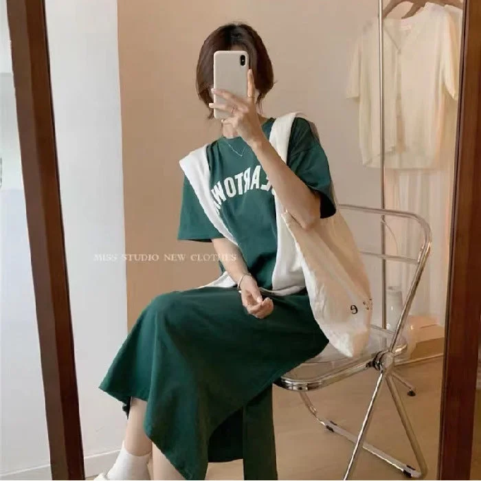 NiDELL Green Letter Print Long below the Knee T-shirt Skirt Women's . Spring and Summer Korean Style Loose Large Size Short Sleeve Dress