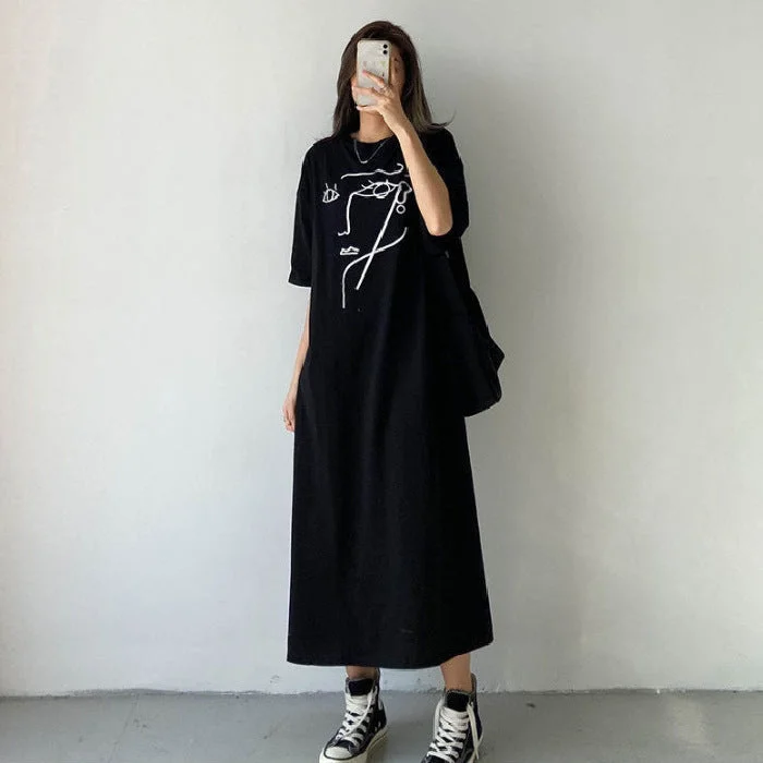 NiDELL Korean Leisure Simple Dress Summer Women's Loose Slimming Lazy T-shirt Long Dress Split Knee-Length Dress Ins Fashion