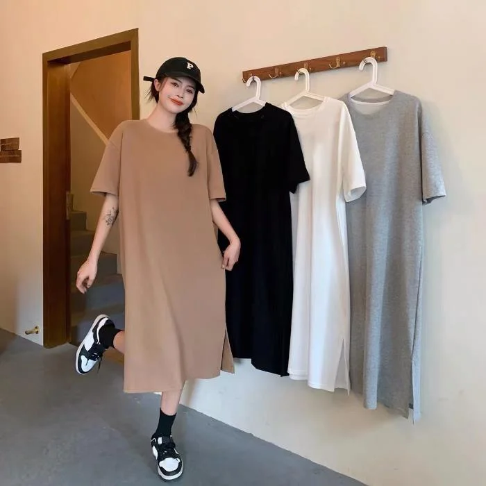 NiDELL Korean New plus Size Women's Clothing Summer Loose Nightdress Slimming Overknee Long Dress Casual Solid Color Dress Slit Skirt