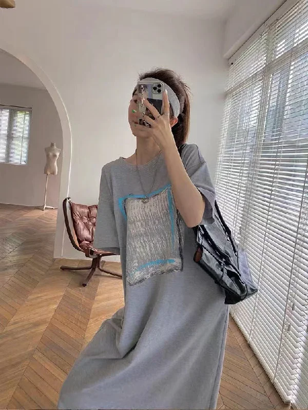 NiDELL Korean Style Casual Overknee Long Short-Sleeved T-shirt Nightdress Digital Printed Large Size Loose Dress Pink Dress Summer