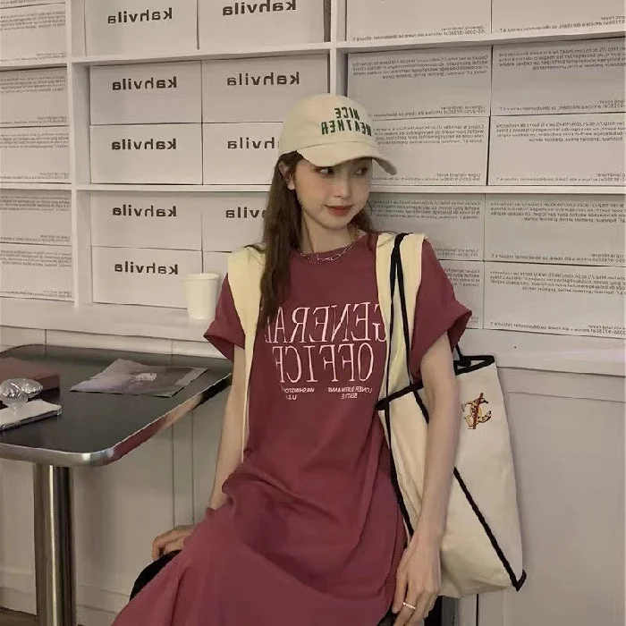 NiDELL Korean Style Hong Kong Style Back Letter Print Short-Sleeve T-shirt Women's Mid-Length Split Pink Dress Ins Fashion