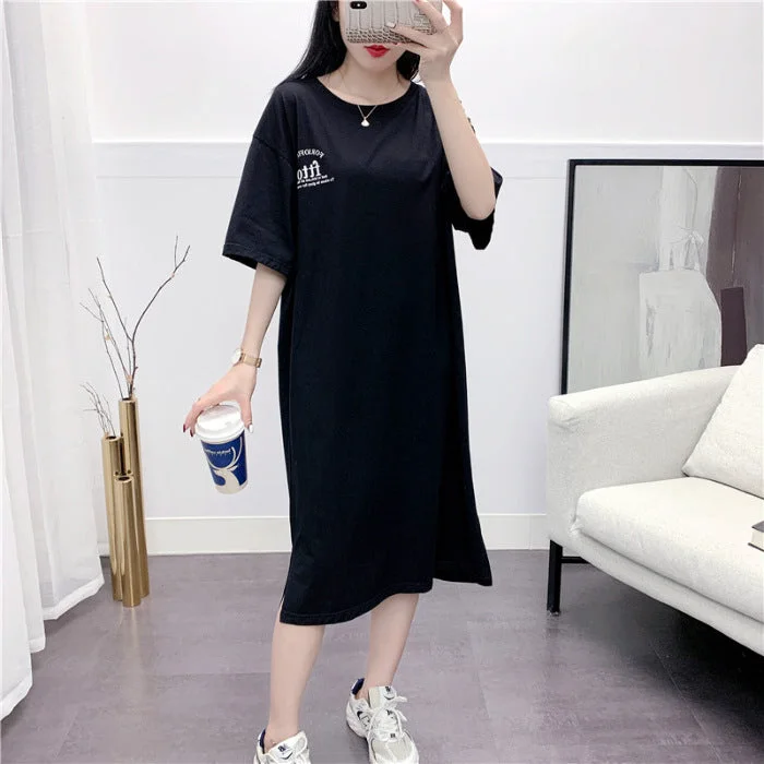 NiDELL Korean Style Large Size Loose Short Sleeve Women's Summer A- line Skirt Overknee Long Long Skirt Casual All-Match T-shirt Long Dress Fashion