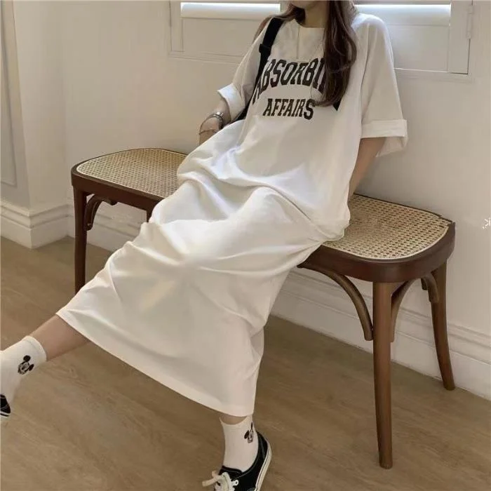 NiDELL Korean Style Loose Mid-Length Short-Sleeved T-shirt Dress Women's Large Size Leisure Anti-Aging Plump Girls over the Knee Women's Dress Fashion