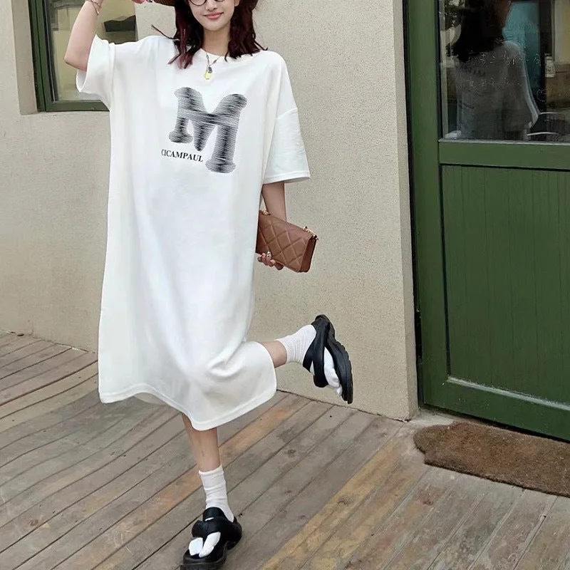 NiDELL Korean Style Summer and Autumn New Loose plus Size Women's Clothing T-shirt Skirt Simple All-Match Mid-Length Nightdress Dress Ins Fashion