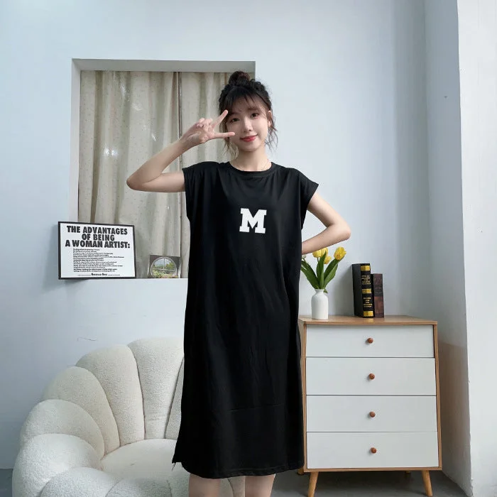 NiDELL Korean Style Summer Large Size Sleeveless Casual Loose Dress Printed Mid-Length Loose Vest T-shirt Long Dress Nightdress