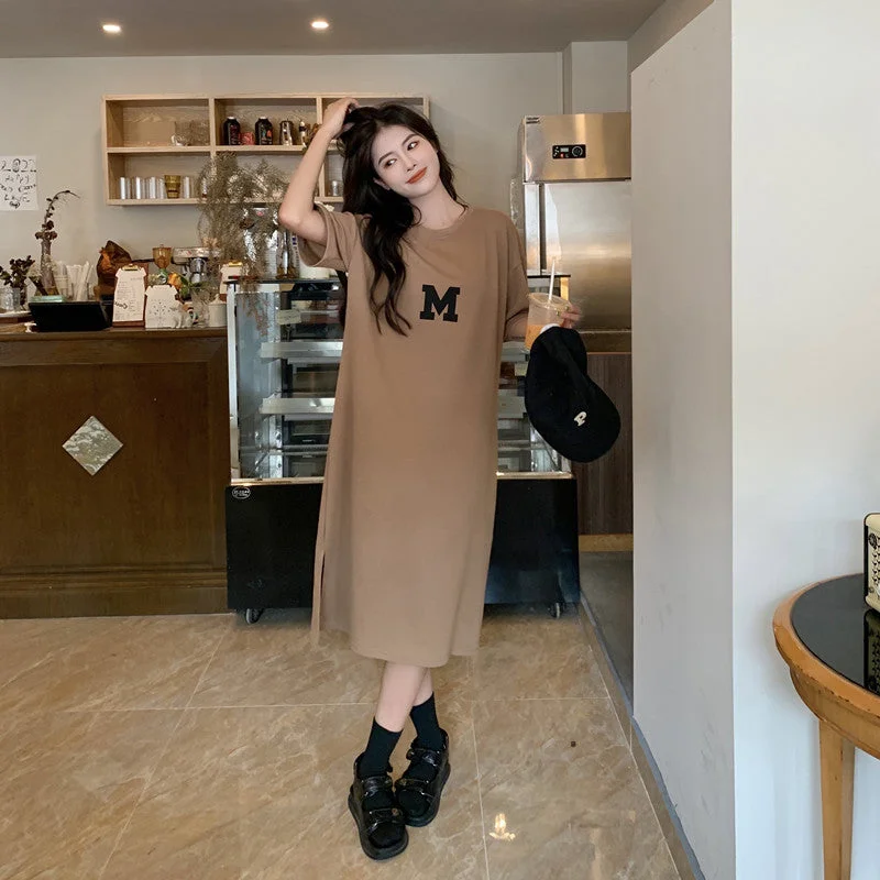 NiDELL Korean Style Summer New Style Fat Sister Long below the Knee T-shirt Dress Women's Large Size Loose and Simple Women Can Wear outside Fashion