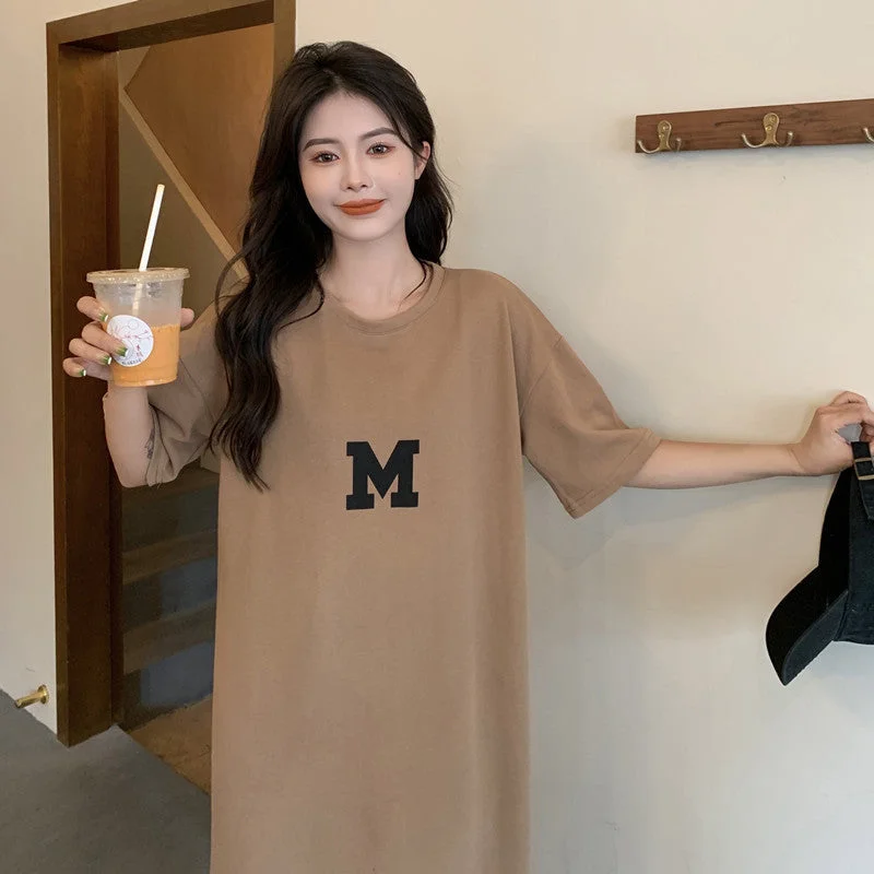 NiDELL Korean Style Summer New Style Fat Sister Long below the Knee T-shirt Dress Women's Large Size Loose and Simple Women Can Wear outside Fashion