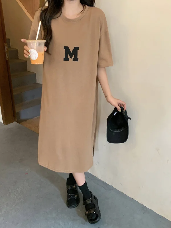 NiDELL Korean Style Summer New Style Fat Sister Long below the Knee T-shirt Dress Women's Large Size Loose and Simple Women Can Wear outside Fashion