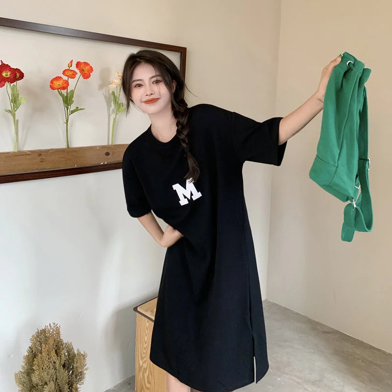 NiDELL Korean Style Summer New Style Fat Sister Long below the Knee T-shirt Dress Women's Large Size Loose and Simple Women Can Wear outside Fashion