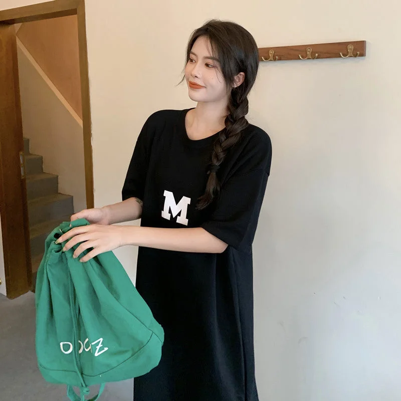 NiDELL Korean Style Summer New Style Fat Sister Long below the Knee T-shirt Dress Women's Large Size Loose and Simple Women Can Wear outside Fashion