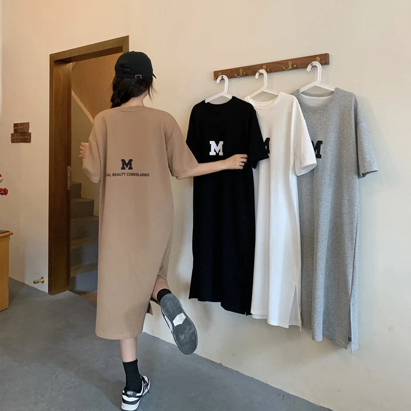 NiDELL Korean Style Summer New Style Fat Sister Long below the Knee T-shirt Dress Women's Large Size Loose and Simple Women Can Wear outside Fashion