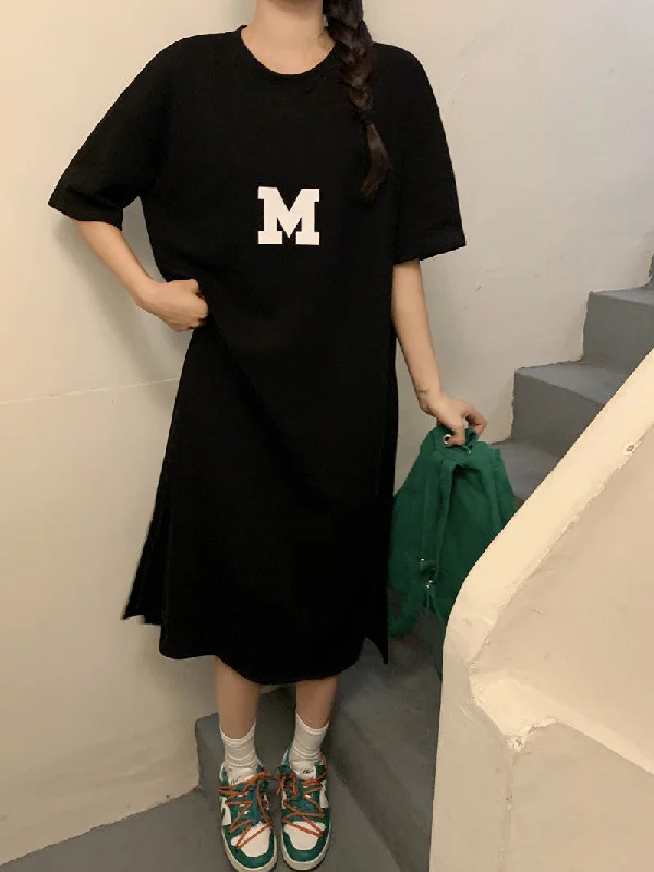 NiDELL Korean Style Summer New Style Fat Sister Long below the Knee T-shirt Dress Women's Large Size Loose and Simple Women Can Wear outside Fashion