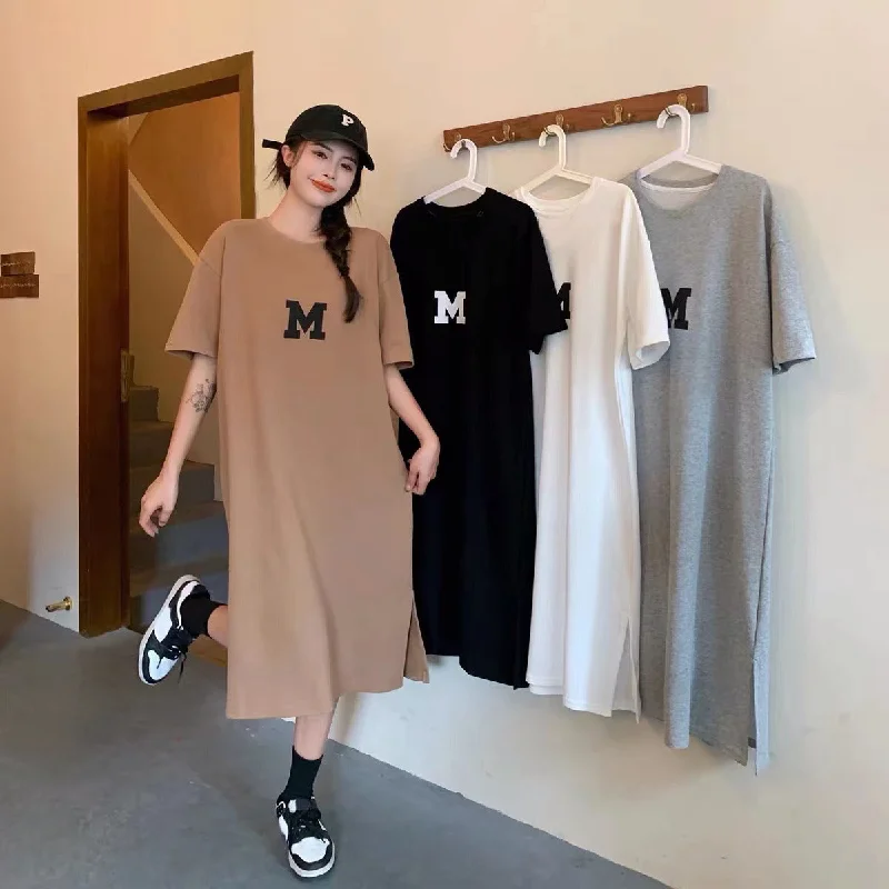 NiDELL Korean Style Summer New Style Fat Sister Long below the Knee T-shirt Dress Women's Large Size Loose and Simple Women Can Wear outside Fashion