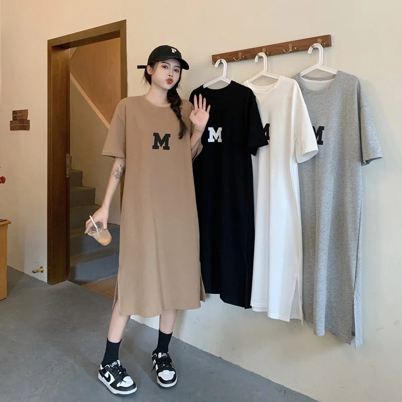 NiDELL Korean Style Summer New Style Fat Sister Long below the Knee T-shirt Dress Women's Large Size Loose and Simple Women Can Wear outside Fashion