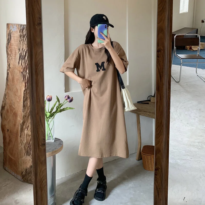 NiDELL Korean Style Summer New Style Fat Sister Long below the Knee T-shirt Dress Women's Large Size Loose and Simple Women Can Wear outside Fashion