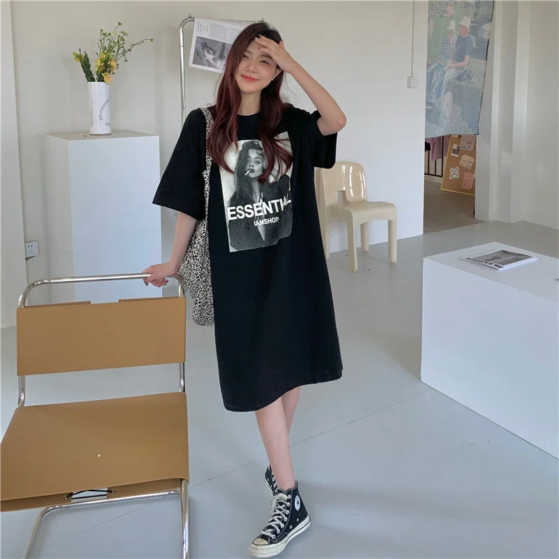 NiDELL Korean Style Summer plus Size Women's Clothes Mid-Length Loose Overknee T-shirt Skirt Casual Simple Printed Cartoon Dress Fashion