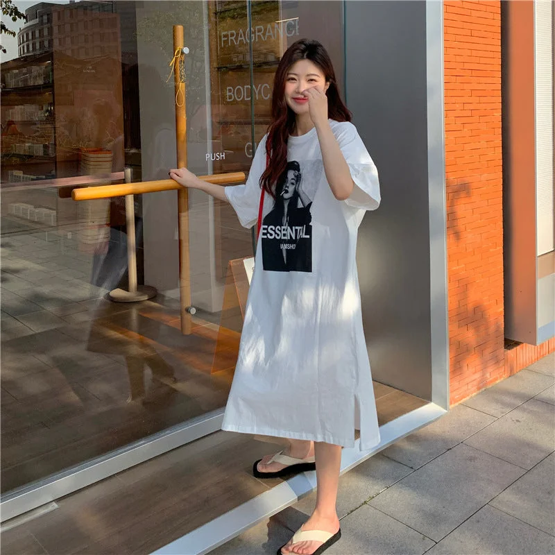 NiDELL Korean Style Summer plus Size Women's Clothes Mid-Length Loose Overknee T-shirt Skirt Casual Simple Printed Cartoon Dress Fashion