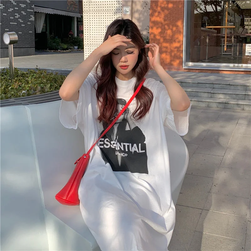 NiDELL Korean Style Summer plus Size Women's Clothes Mid-Length Loose Overknee T-shirt Skirt Casual Simple Printed Cartoon Dress Fashion