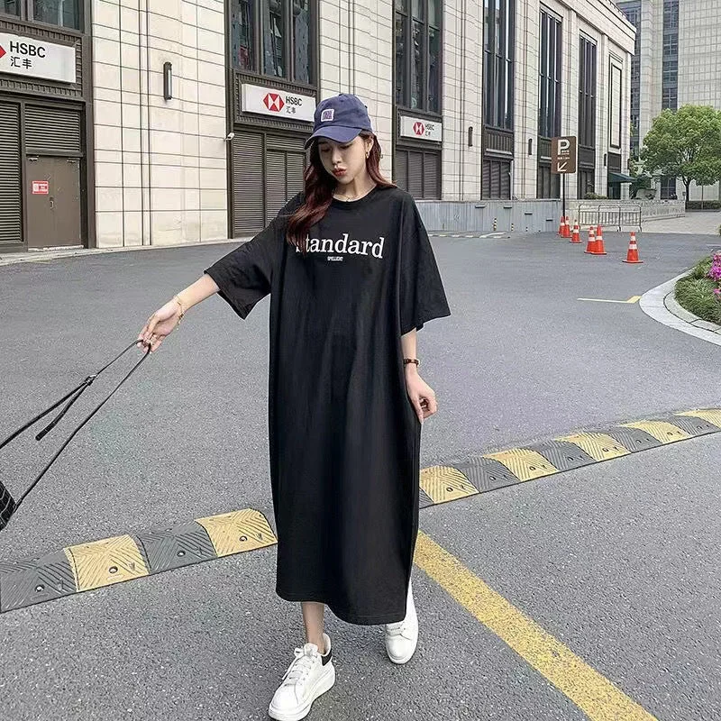 NiDELL Korean Style Summer plus Size Women's Clothes Simple Printed Letter T-shirt Loose Slit Overknee Mid-Length Fashion Dress