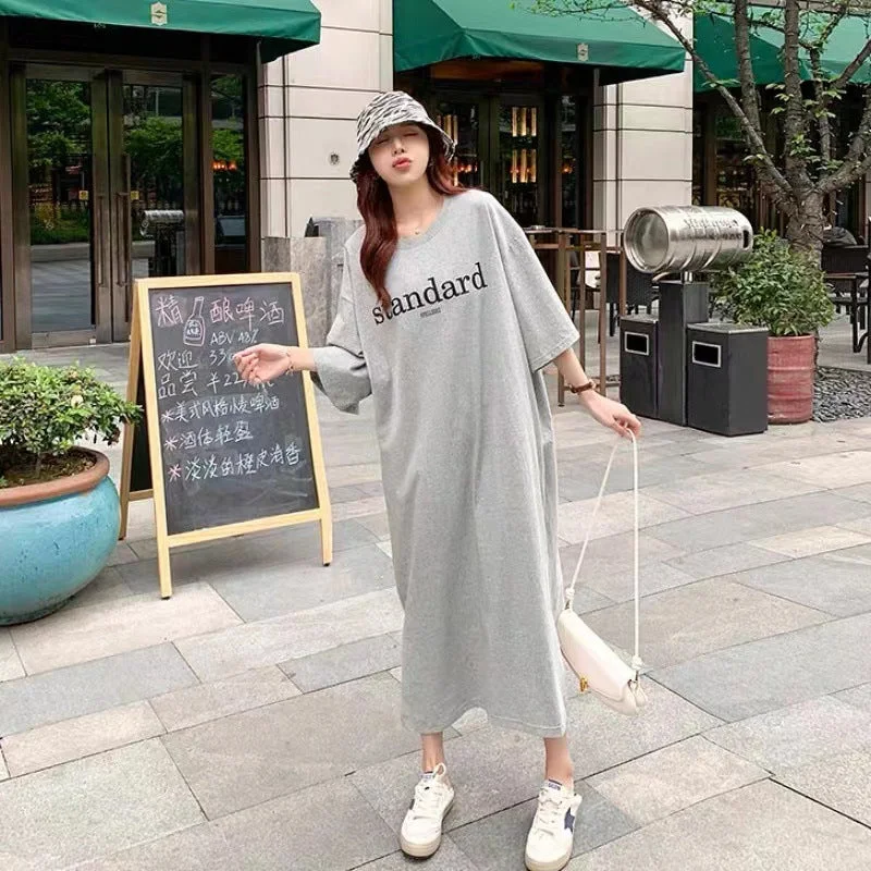 NiDELL Korean Style Summer plus Size Women's Clothes Simple Printed Letter T-shirt Loose Slit Overknee Mid-Length Fashion Dress