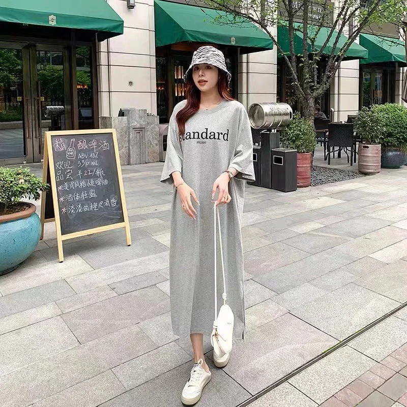 NiDELL Korean Style Summer plus Size Women's Clothes Simple Printed Letter T-shirt Loose Slit Overknee Mid-Length Fashion Dress