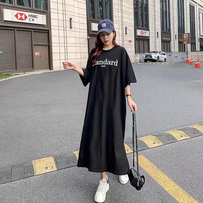 NiDELL Korean Style Summer plus Size Women's Clothes Simple Printed Letter T-shirt Loose Slit Overknee Mid-Length Fashion Dress