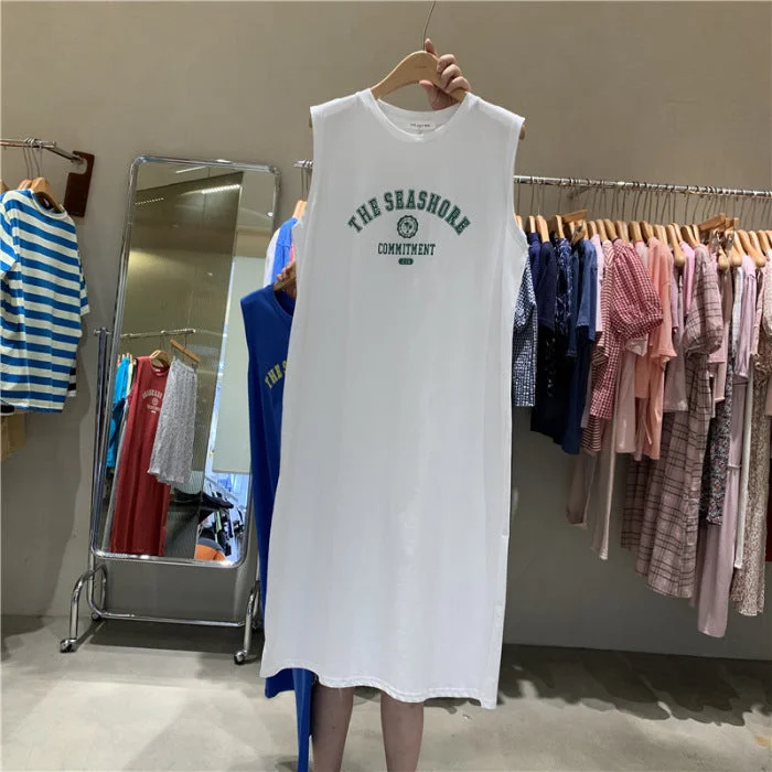 NiDELL Korean Summer New Sleeveless All-Matching Western Style Loose Large Size Dress Casual Simple T-shirt Skirt Can Be Worn outside Fashion