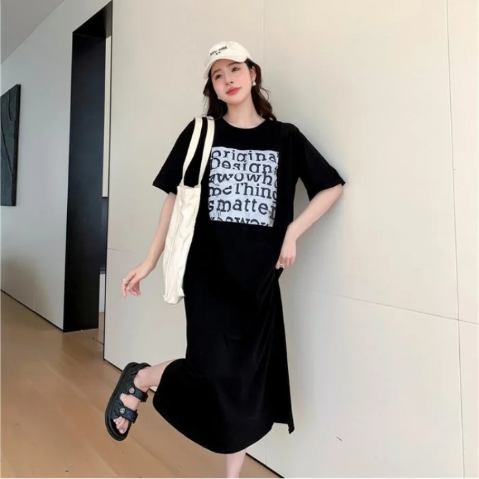 NiDELL Korean Summer plus Size Women's Clothes Casual Long T-shirt Skirt Loose and Simple Printed All-Matching Women's Ins Fashion Dress