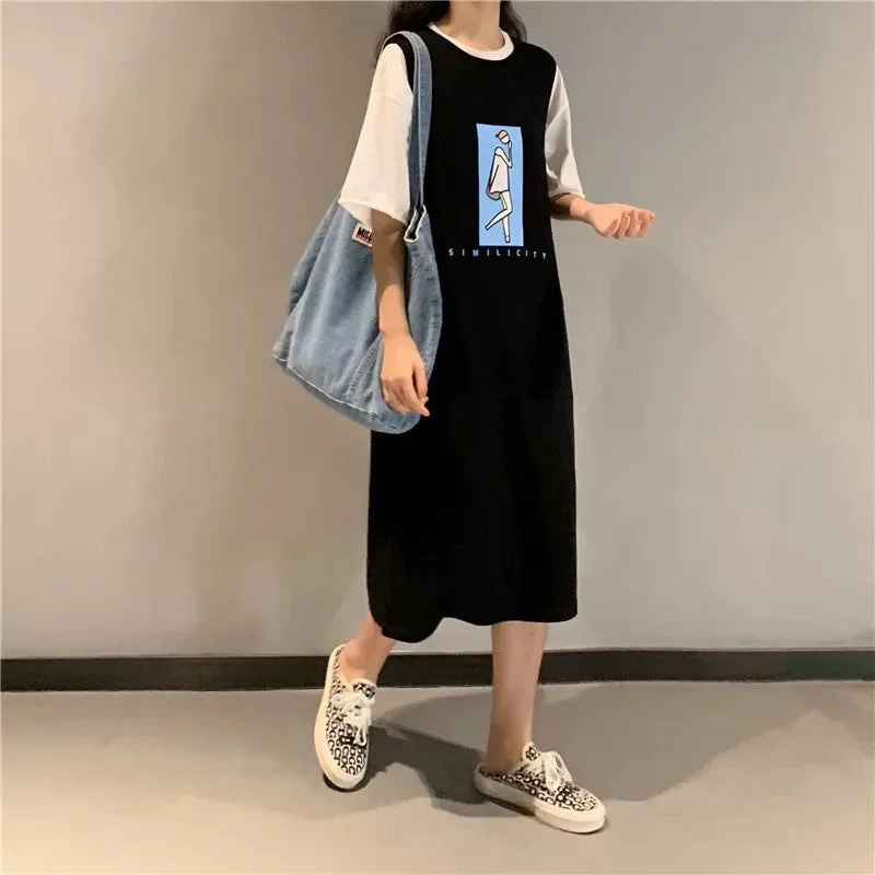 NiDELL Korean Summer Sloth Dress Loose plus Size Print T-shirt Skirt Western Style Leisure Simple Ins Fashion Dress Female Fashion