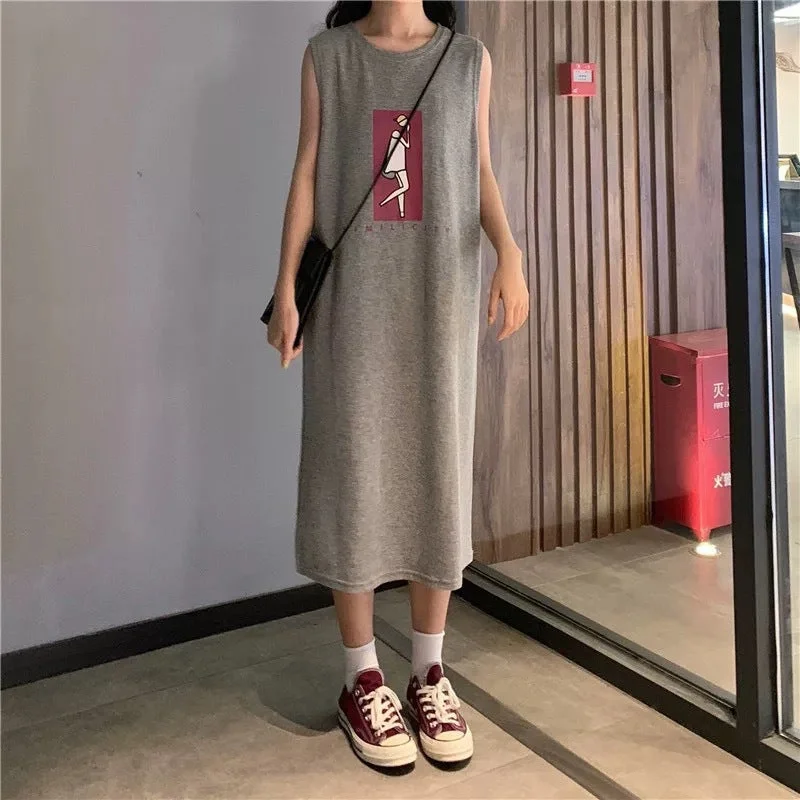 NiDELL Korean Summer Sloth Dress Loose plus Size Print T-shirt Skirt Western Style Leisure Simple Ins Fashion Dress Female Fashion