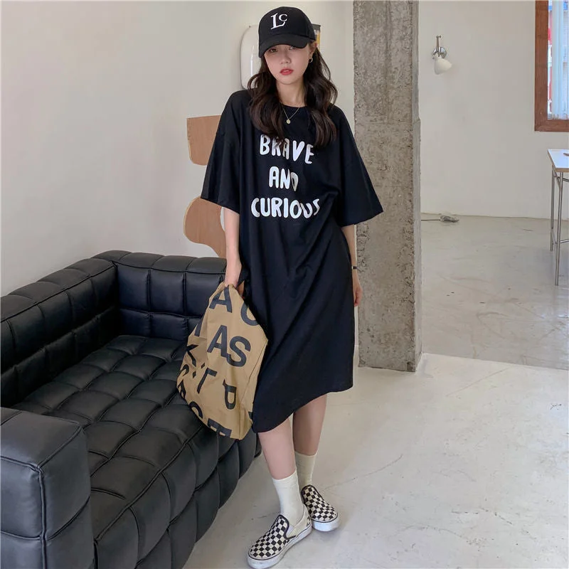 NiDELL Large Size Dress Women's Clothing Korean . Summer New Loose Casual Dress Temperament Slimming Lazy T-shirt Skirt