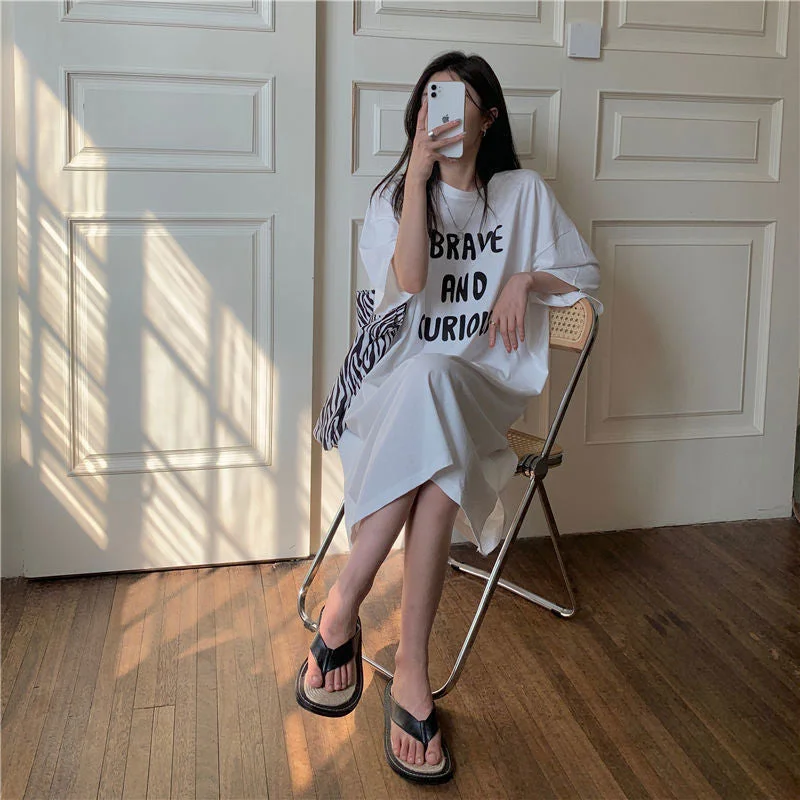 NiDELL Large Size Dress Women's Clothing Korean . Summer New Loose Casual Dress Temperament Slimming Lazy T-shirt Skirt