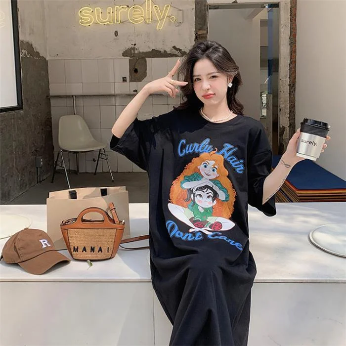 NiDELL Large Size Short-Sleeved Women's Casual New Retro Cartoon T-shirt Top Summer Loose Mid-Length over-the-Knee Dress Fashion