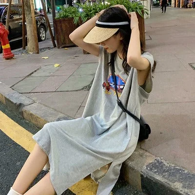 NiDELL . New Summer Sleeveless Long below the Knee Women's T-shirt Skirt Loose Large Size Slimming and Simple Casual Slit Dress