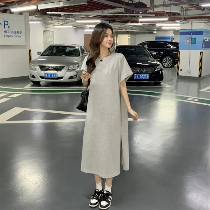 NiDELL . plus Size Women's Clothes Short Sleeve Summer Loose Nightdress Slimming Overknee Long Dress Solid Color Dress Slit Skirt Trend