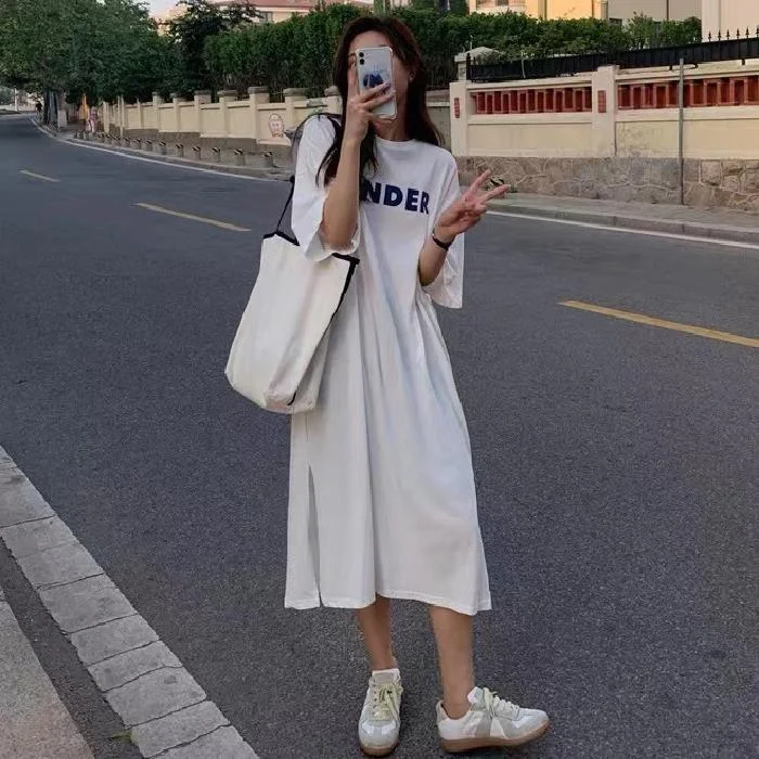 NiDELL Short Sleeve Dress Casual Long Summer below the Knee plus Size Loose Ins New Printed Dress Lazy Casual T-shirt Long Dress