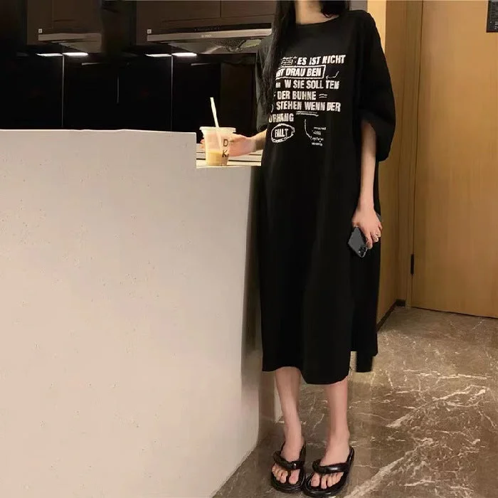 NiDELL Spring and Autumn Korean Loose plus Size Dress Women's Half Sleeve Long Knee-Length Skirt Fat Sister T-shirt Skirt Summer