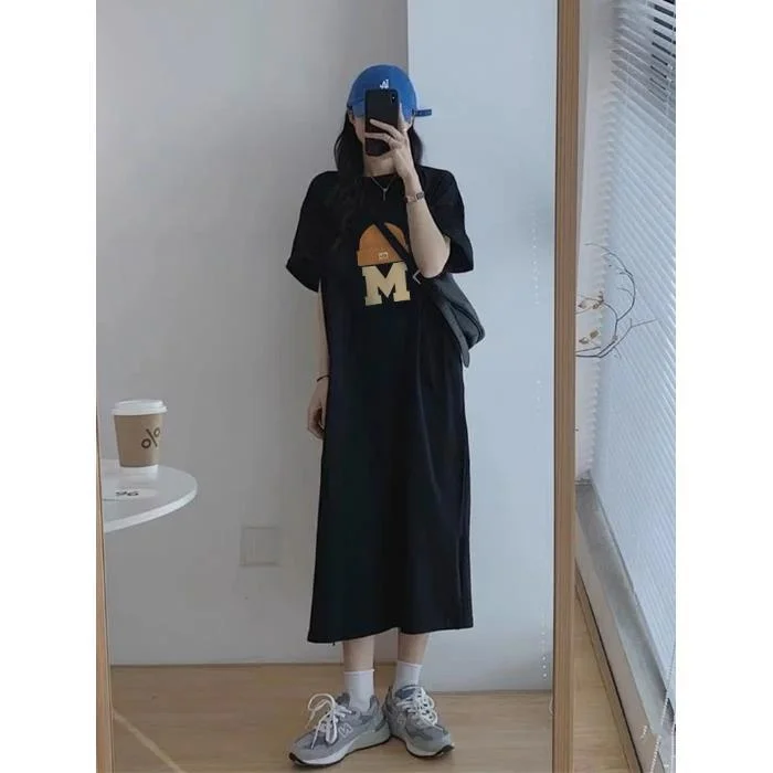 NiDELL Summer and Autumn Fashion Women's Wear Summer New Korean Style Slit Overknee Dress Simple Casual Letter T-shirt Long Dress