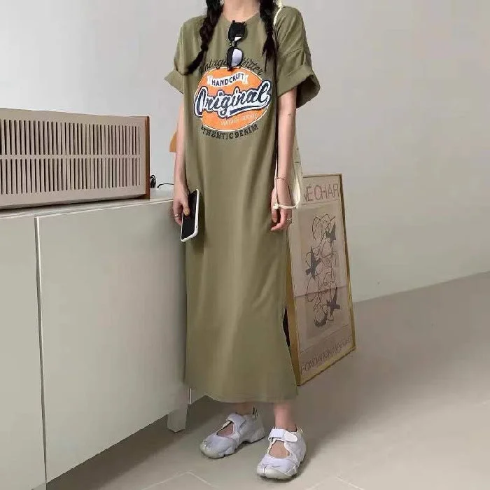 NiDELL Summer Idle Style Large Size Women's Clothing Slimming Casual Dress Loose Retro Split T-shirt Women's Dress Can Be Worn outside