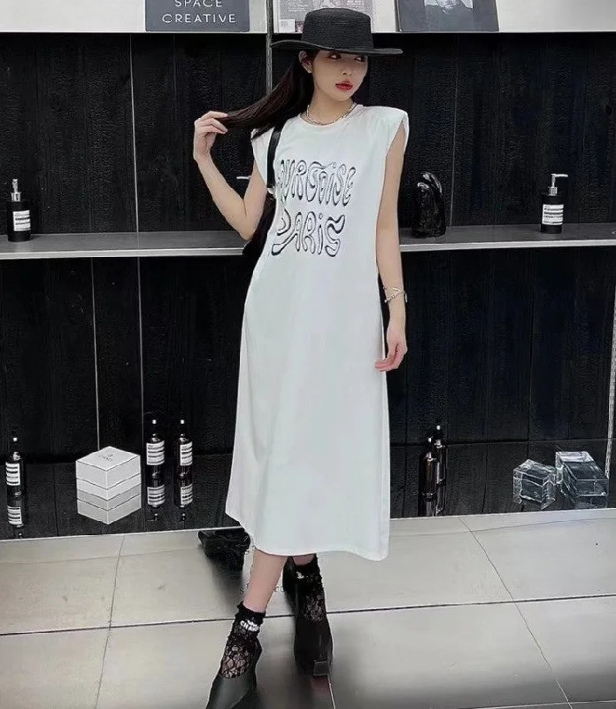 NiDELL Summer Korean Sleeveless Loose Dress Mid-Length Vest Sleeping Large Size Casual Simple Letters Printed T-shirt Skirt