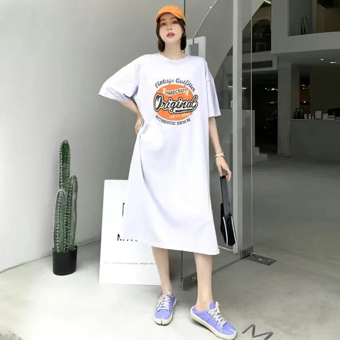 NiDELL Summer Korean Style Korean Style Large Size Long Dress Plump Girls Loose Overknee Nightdress Simple Western Style T-shirt Long Dress Fashion