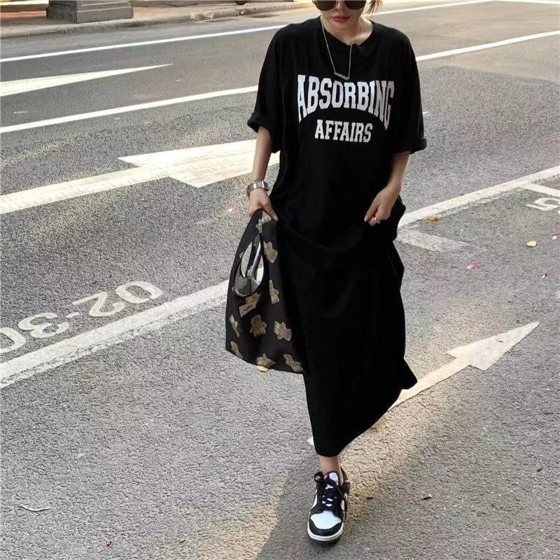 NiDELL Summer Korean Style Large Size Women's Clothing Casual Long Dress Plump Girls Loose Overknee T-shirt Long Dress Women's Nightdress