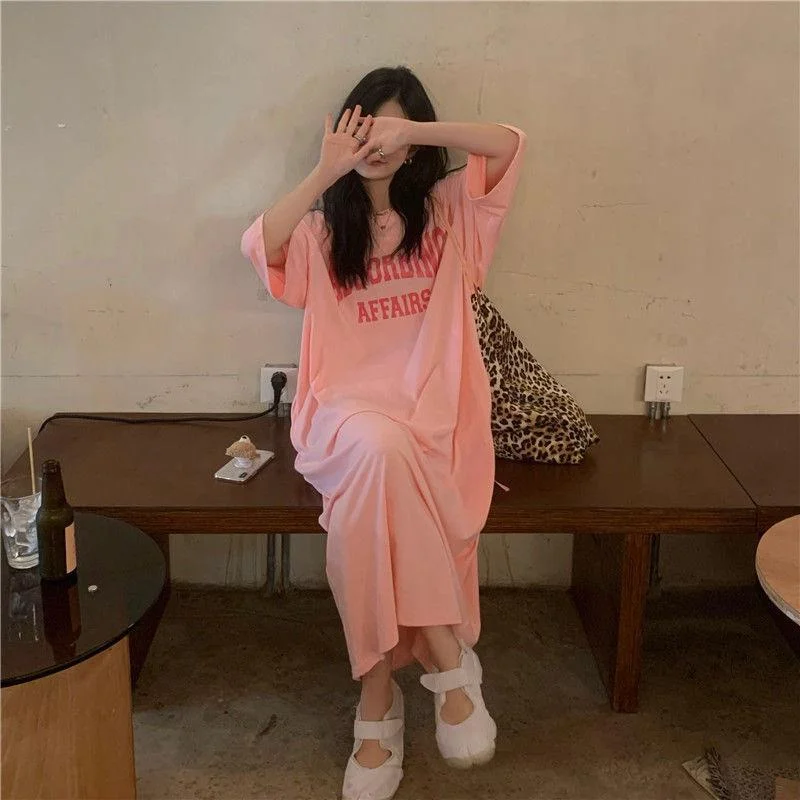 NiDELL Summer Korean Style Large Size Women's Clothing Casual Long Dress Plump Girls Loose Overknee T-shirt Long Dress Women's Nightdress