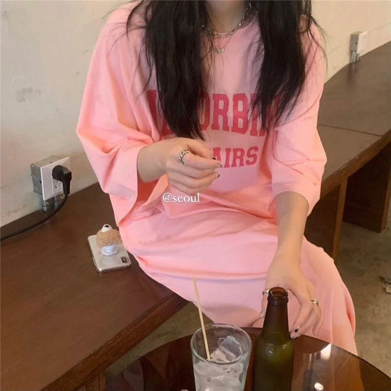 NiDELL Summer Korean Style Large Size Women's Clothing Casual Long Dress Plump Girls Loose Overknee T-shirt Long Dress Women's Nightdress