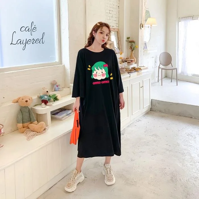 NiDELL Summer Korean Style Large Size Women's Long Dress Plump Girls Loose Overknee Nightdress Casual Simple T-shirt Skirt